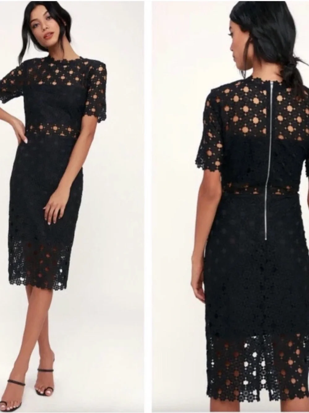 Lulus Heartfelt Black Lace Bodycon MIDI Dress Size Medium LBD Short Sleeve Party - Picture 1 of 7